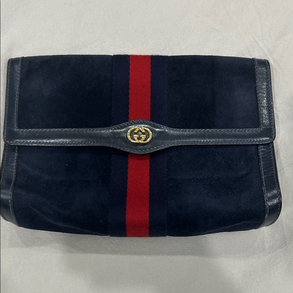Vintage Authentic Gucci Navy Blue Suede Sherry Line Clutch Bag